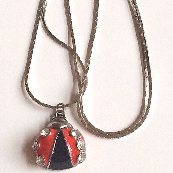 Ladybug Necklace Charm Pendant Red Enamel Crystal Silver Plated Insect 20" Chain - Picture 6 of 12